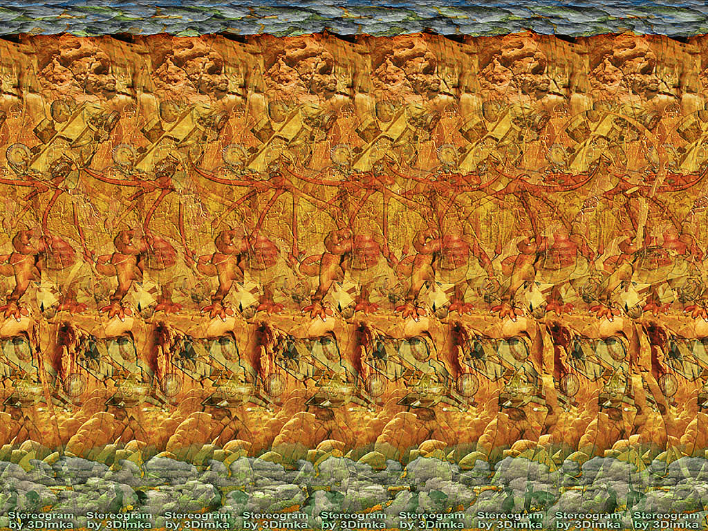 Stereogram by 3Dimka: Don't mess with Dragon. Tags: dragon, cars, rocks, jeep, fantasy, hidden 3D picture (SIRDS)