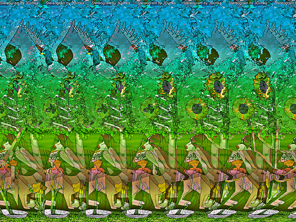 Stereogram by 3Dimka: Adopt the Bunny. Tags: bunny, rabbit, dog, doghouse, tree, flowers, duck, sunflower, hidden 3D picture (SIRDS)
