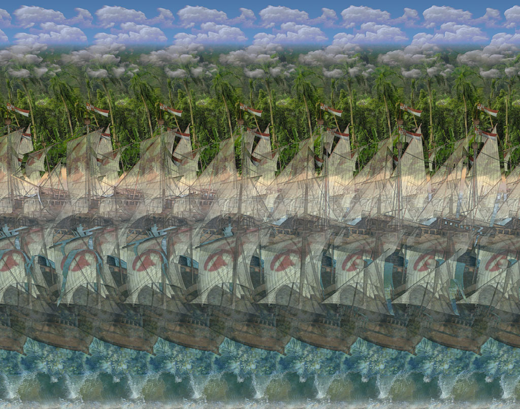 Stereogram by 3Dimka: Spanish Ships. Tags: ships, vessels, beach, sea, ocean, spanish, columbus, hidden 3D picture (SIRDS)