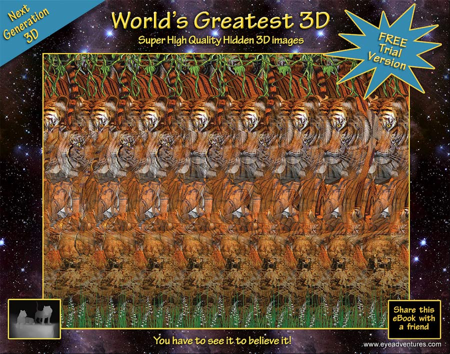 Stereogram by 3Dimka: Free EyeAdventures eBook. Tags: tigers, jungles, flowers, cats, hidden 3D picture (SIRDS)