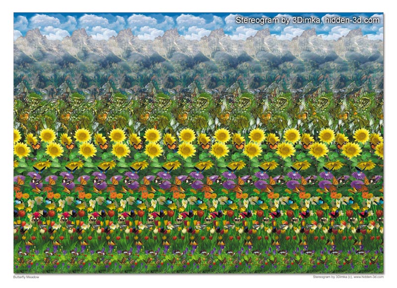 Stereogram by 3Dimka: Buterfly Meadow. Tags: flower, deer, mountain, cloud, butterflies, hidden 3D picture (SIRDS)