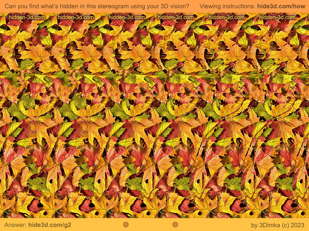 Stereogram by 3Dimka: Fall Surprise. Tags: leaf leaves bats ghost halloween, hidden 3D picture (SIRDS)