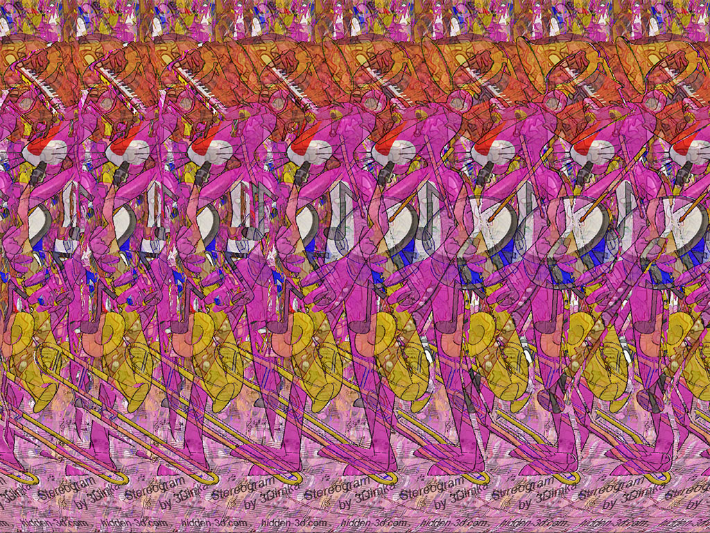 Stereogram by 3Dimka: Pink Music. Tags: pink panther, music, musical instruments, trumpet, clarinet, drums, 3Dimka portfolio, hidden 3D picture (SIRDS)