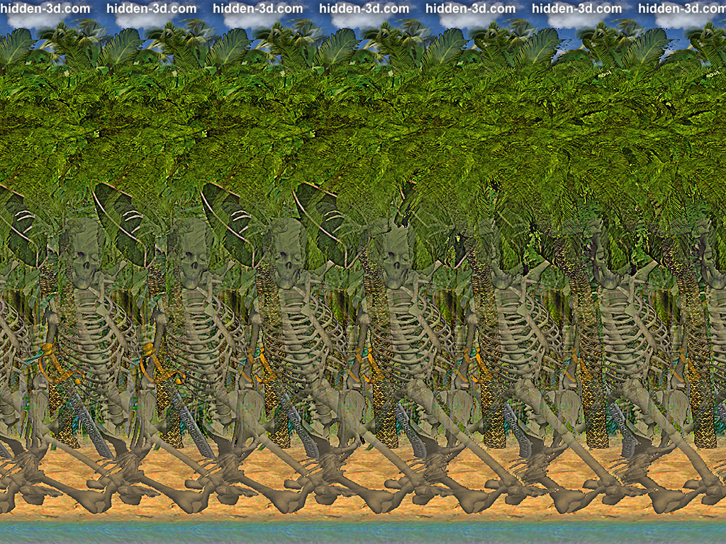 Stereogram by 3Dimka: They tell no tales. Tags: pirate, skeleton, island, palm, beach, sea, ocean, tropics, sword, bones, hat, hidden 3D picture (SIRDS)