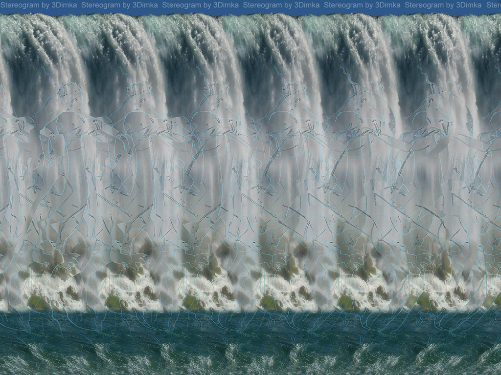 Stereogram by 3Dimka: Waterfall. Tags: waterfall, horse, dinopet, hidden 3D picture (SIRDS)