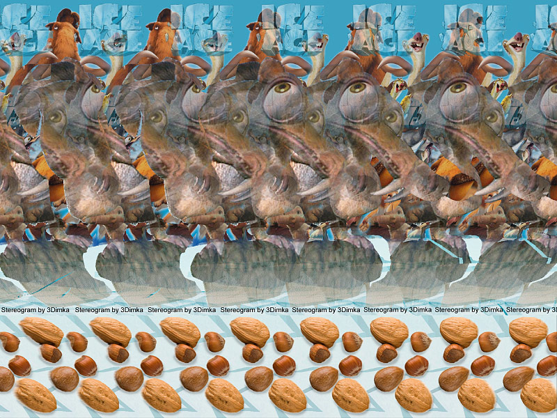 Stereogram by 3Dimka: Ice Age. Tags: Ice Age,scrat,ice,nuts,anut, glasures,squirrel, hidden 3D picture (SIRDS)