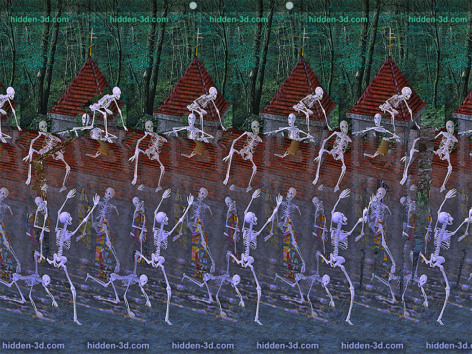 Stereogram by 3Dimka: Crazy night. Tags: skeletons,church,night, hidden 3D picture (SIRDS)