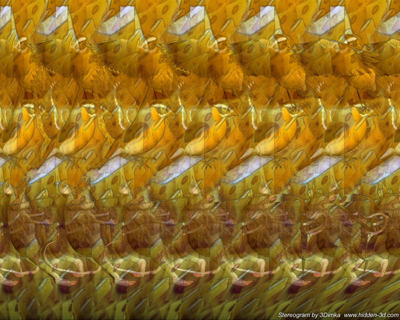 Stereogram by 3Dimka: Little thifts. Tags: mice,mouse,birds,cheese,steel, hidden 3D picture (SIRDS)