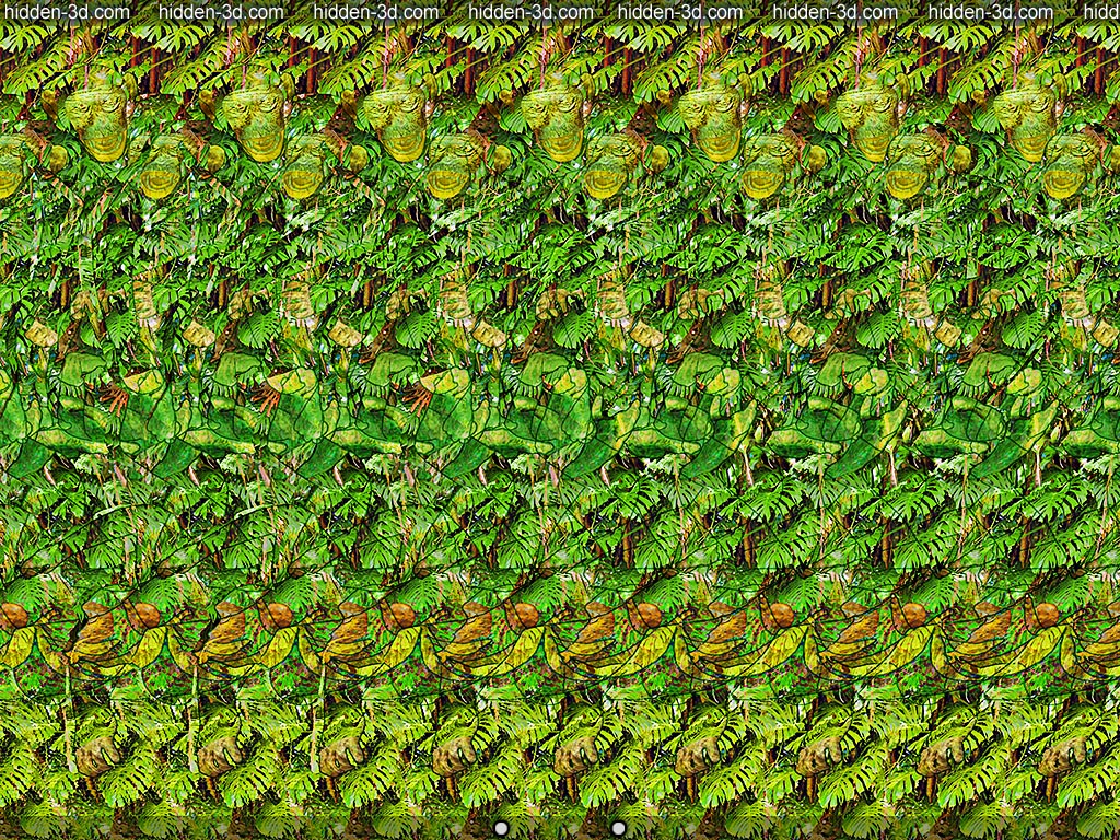 Stereogram by 3Dimka: Meanwhile in jungle. Tags: chimps, chimpanzee, banana, funny, fall, hidden 3D picture (SIRDS)