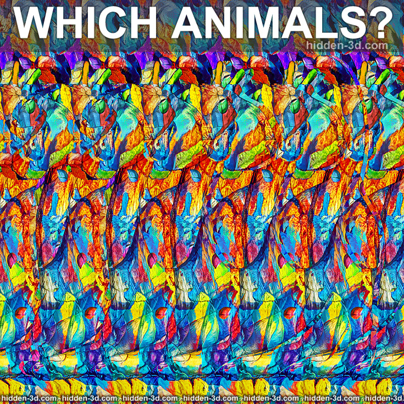Stereogram by 3Dimka: How many and which animals?. Tags: cat alligator giraffe elephant catogatogiraffelephant, hidden 3D picture (SIRDS)