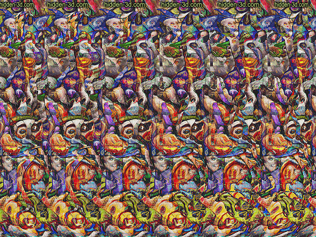 Stereogram by 3Dimka: October night dinner. Tags: old woman witch bat raven craw bird halloween cauldron skull fire cooking potion, hidden 3D picture (SIRDS)